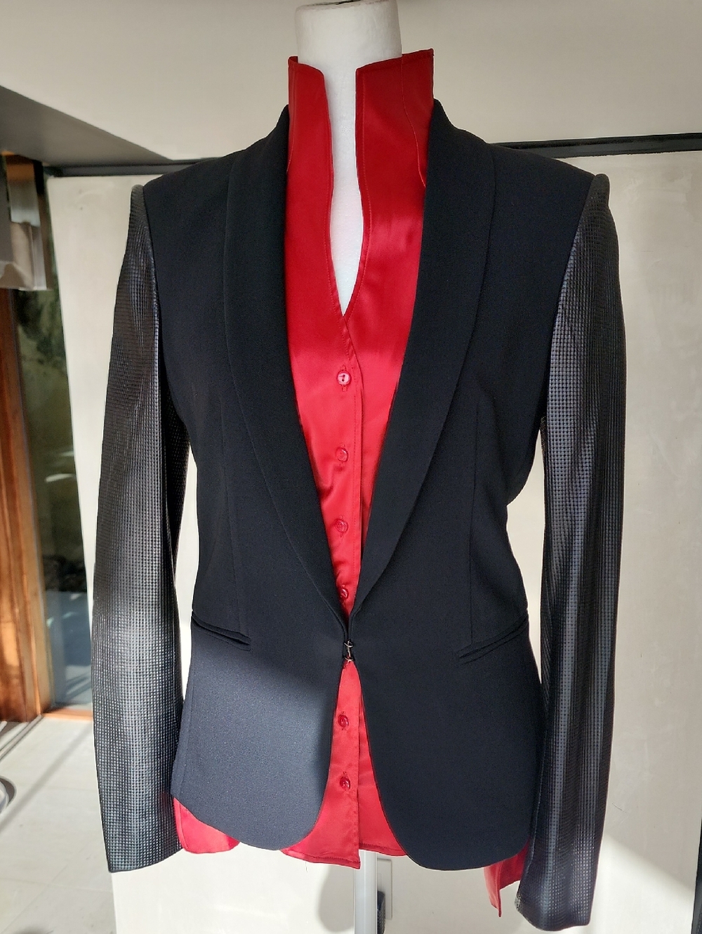 Rag & Bone, mixed media jacket (leather sleeves) with hook front.